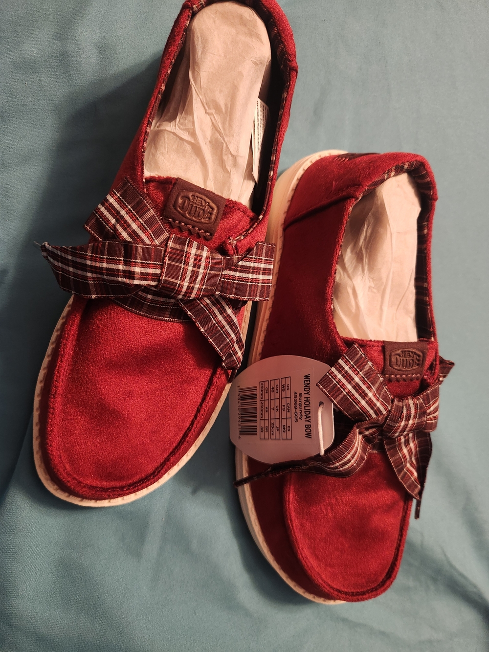 Hey Dude Women's Red Slip-On Flats with Plaid Bow Accent